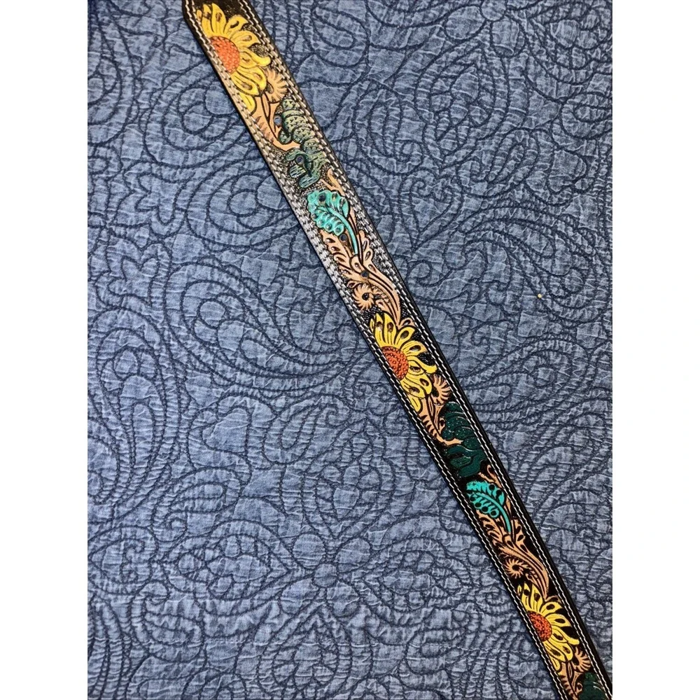 NWT American Bison Tooled Leather Belt Sz XL 42-44 Sunflower Turquoise Buckle